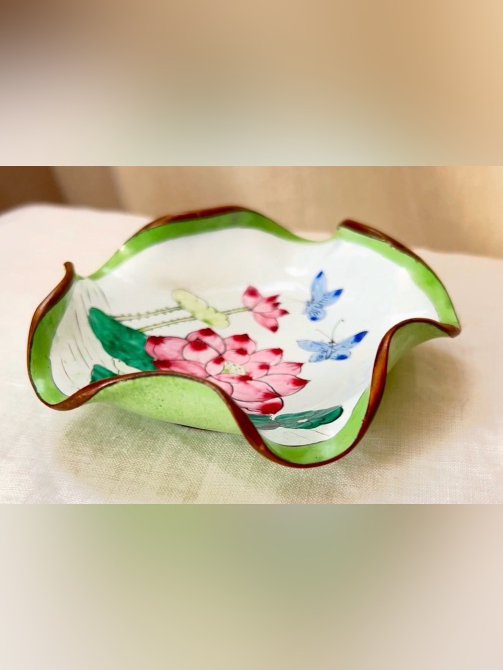 Vintage Hand-Painted Chinese Enamel Porcelain Butterfly & Lotus Scalloped Bowl